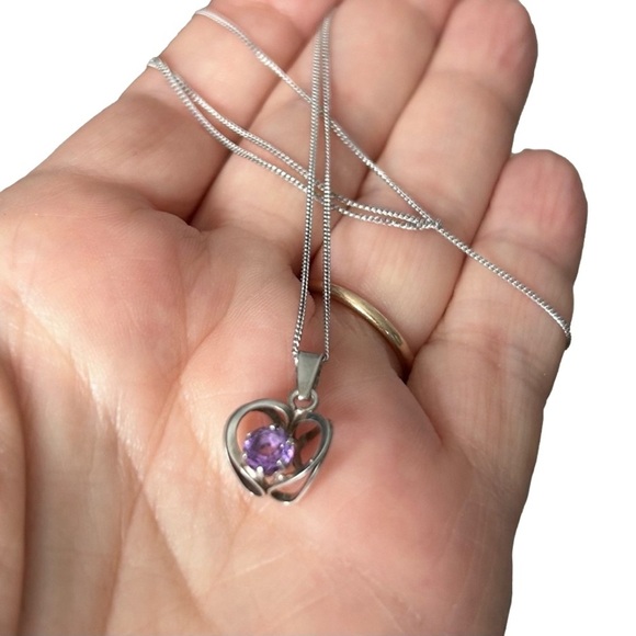Vintage Finland Modernist 925 Heart Amethyst Necklace 20” - Picture 3 of 8